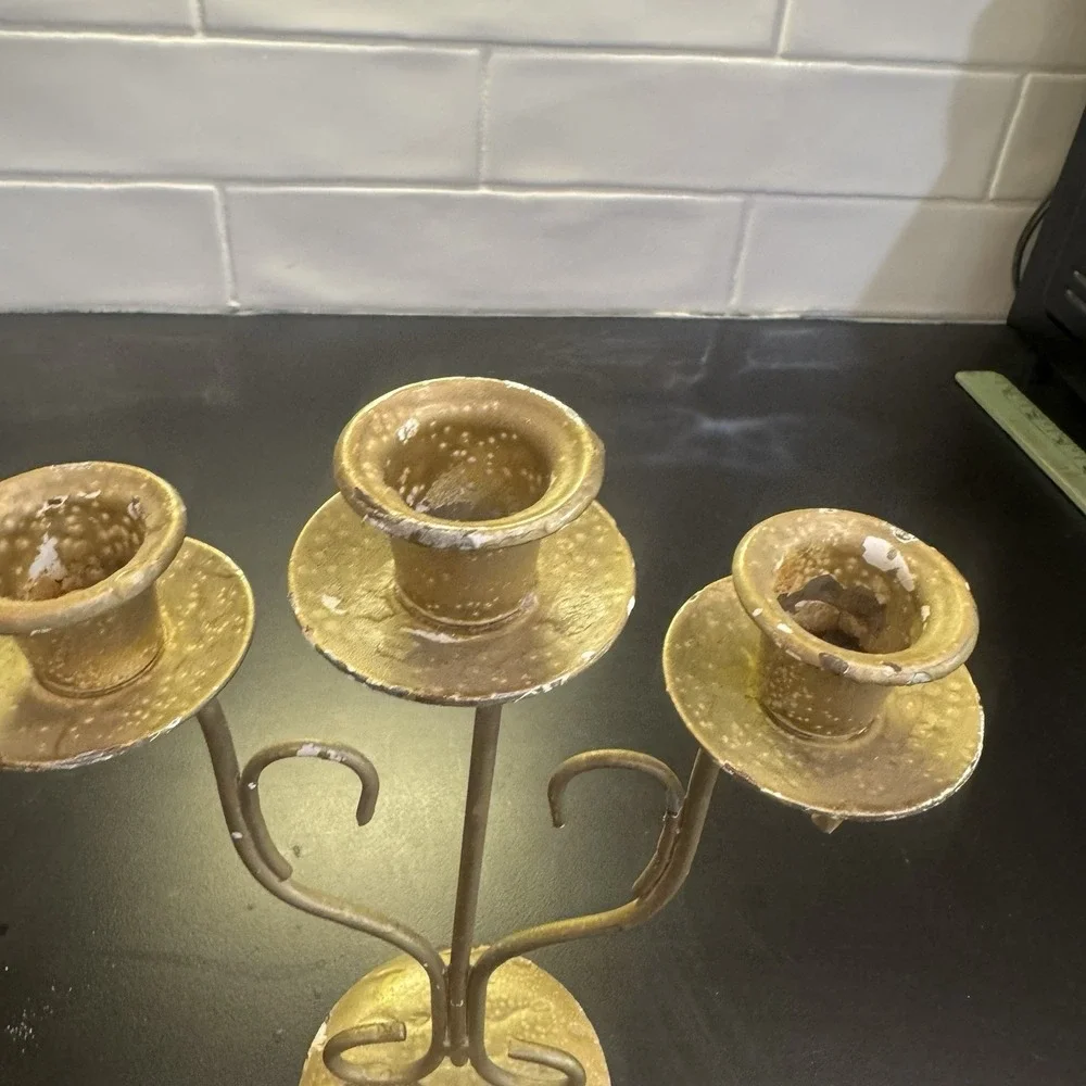Set Of 2 Candelabra 3 Arm‎ Candle Holders Gold Tone Flake Distressed Patina